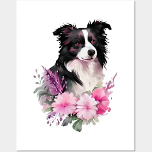 Border collie dog with flowers Posters and Art